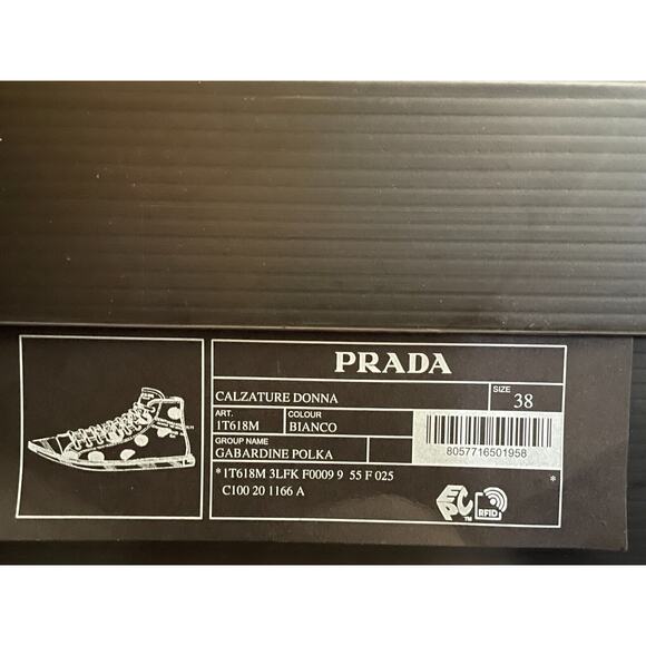PRADA 1T618M WHITE BLACK POLKA CANVAS LOGO POINTY CAP HIGH TOP SNEAKERS 38 ITALY - Picture 15 of 15